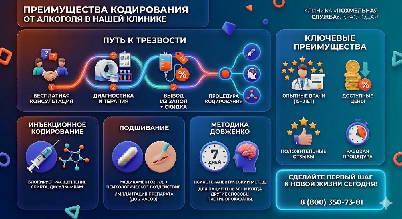 Инфографика о методах кодирования от алкоголя в Спасском: инъекции, подшивание, метод Довженко. Преимущества клиники и этапы лечения.